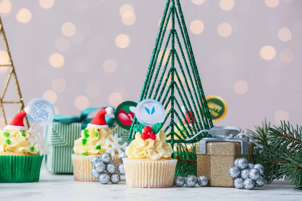 Tasty Christmas Cupcakes Blurred Background — Stock Photo, Image