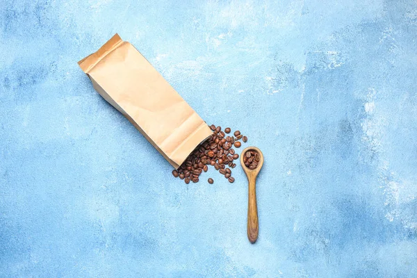 Blank Bag Spoon Coffee Color Background — Stock Photo, Image
