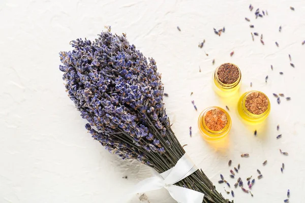 Lavender Bouquet Bottles Essential Oil Light Background — Stock Photo, Image