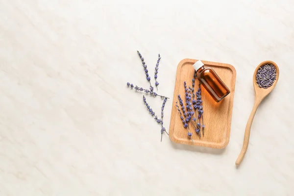 Lavender Twigs Bottle Essential Oil Light Background — Stock Photo, Image