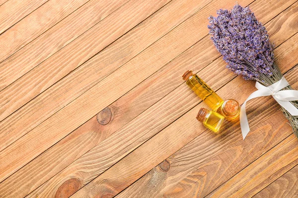 Lavender Bouquet Bottles Essential Oil Wooden Background — Stock Photo, Image