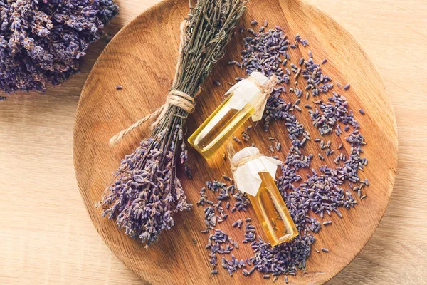 Lavender Bouquet Bottles Essential Oil Board — Stock Photo, Image