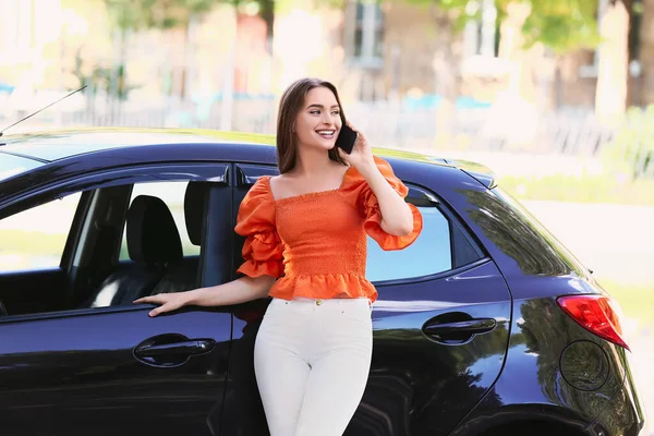 Beautiful Woman Talking Mobile Phone Modern Car — Stock Fotó