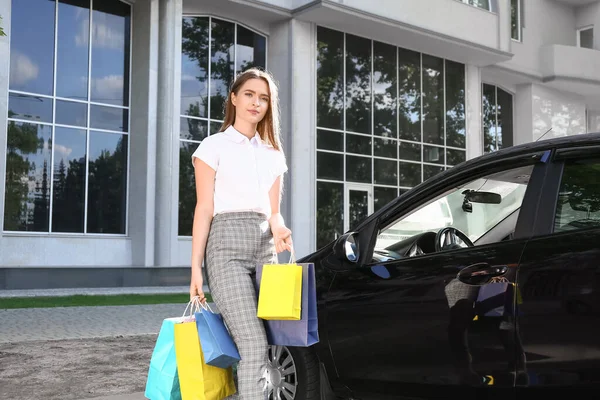 Beautiful Woman Shopping Bags Modern Car — Stock Fotó