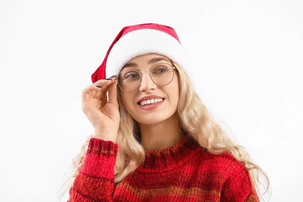 Bella Giovane Donna Cappello Babbo Natale Occhiali Sfondo Bianco — Foto Stock