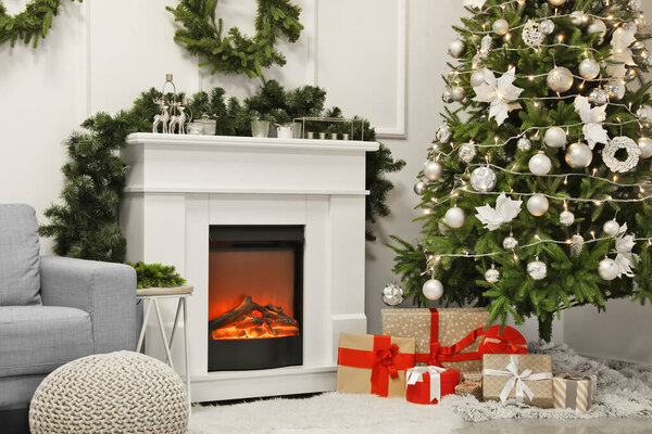 Fireplace decorated for Christmas in living room