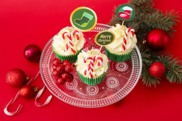 Dessert Stand Tasty Christmas Cupcakes Color Background — Stock Photo, Image