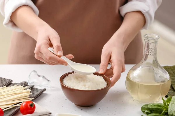 Woman Preparing Sauce Rice Vinegar Kitchen — Stock Photo, Image