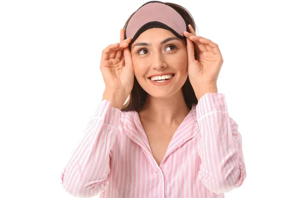 Jeune Femme Avec Masque Sommeil Sur Fond Blanc — Photo