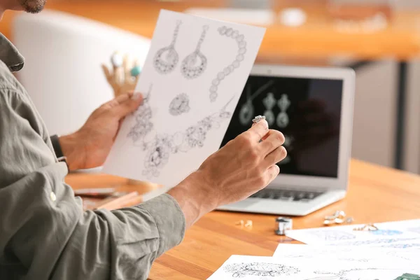 Male Jewelry Designer Sketches Working Office Closeup — Stock Photo, Image