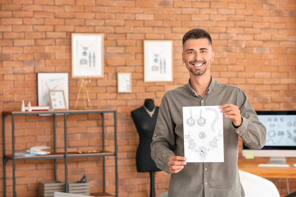 Male Jewelry Designer Sketches Office — Stock Photo, Image