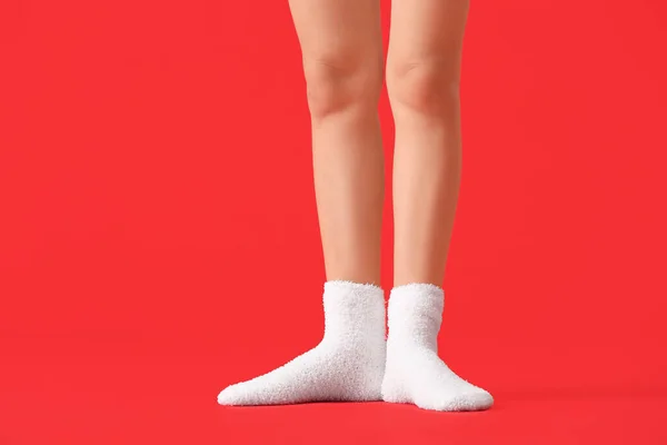 Legs Young Woman Socks Color Background — Stock Photo, Image