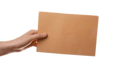 Beyaz zemin üzerinde boş kağıt sayfa ile kadın eli