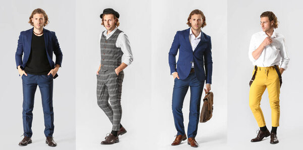 Collage of fashionable young man on light background 