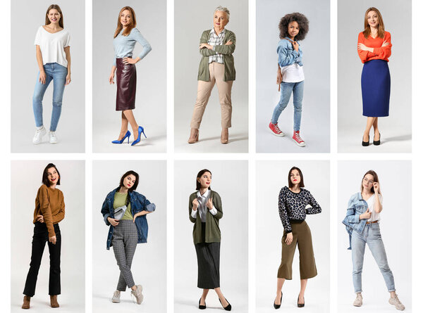 Collage of different fashionable women on light background
