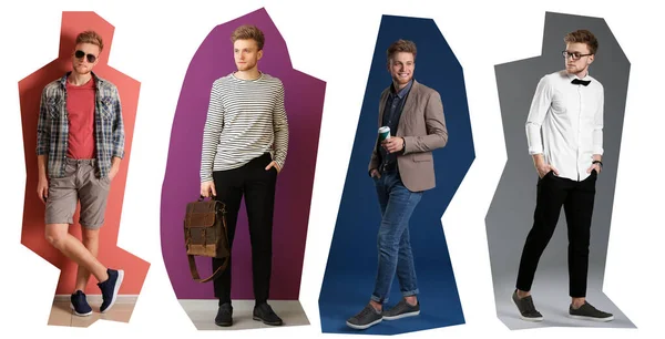 Collage Fashionable Young Man White Background — Stock Photo, Image