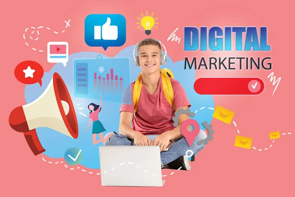 Kollázs Tinédzser Fiú Laptop Fejhallgató Színes Háttér Digitális Marketing Fogalma — Stock Fotó