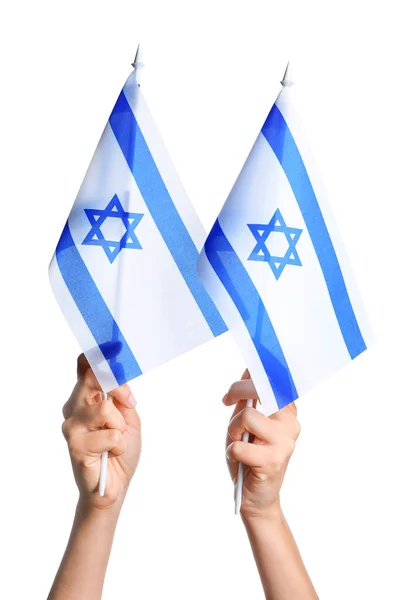 Руки Женщины Флагами Израиля Белом Фоне — стоковое фото