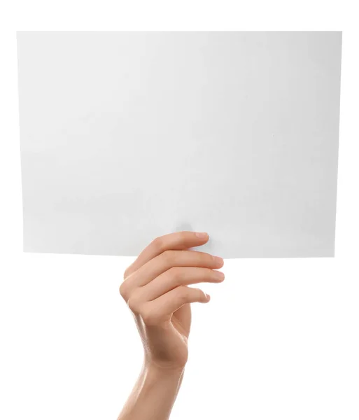 Vrouwelijke Hand Met Blanco Vel Papier Witte Achtergrond — Stockfoto