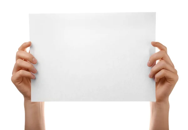 Weibliche Hände Mit Leerem Papierblatt Auf Weißem Hintergrund — Stockfoto