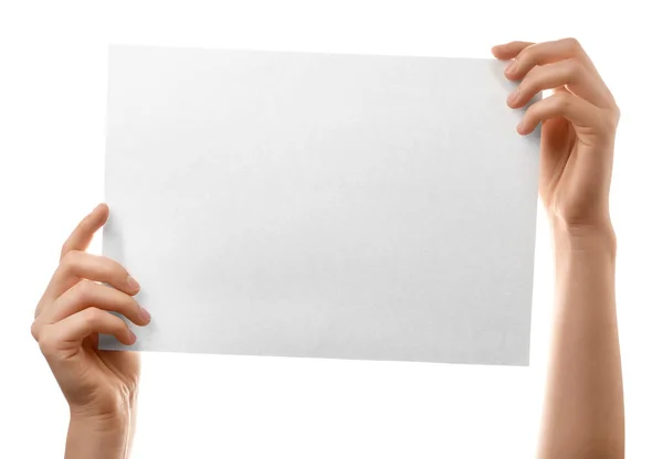Female Hands Blank Paper Sheet White Background — Stock Photo, Image