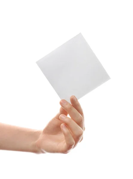 Vrouwelijke Hand Met Blanco Vel Papier Witte Achtergrond — Stockfoto