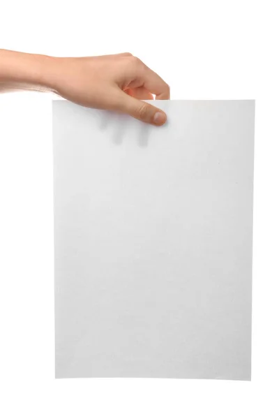 Weibliche Hand Mit Leerem Papierblatt Auf Weißem Hintergrund — Stockfoto