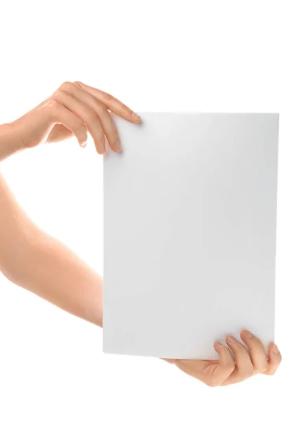 Vrouwelijke Handen Met Blanco Vel Papier Witte Achtergrond — Stockfoto