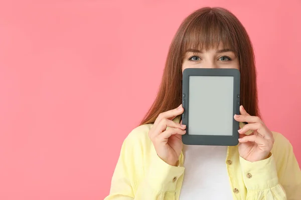 Young Woman Reader Color Background — Stock Photo, Image