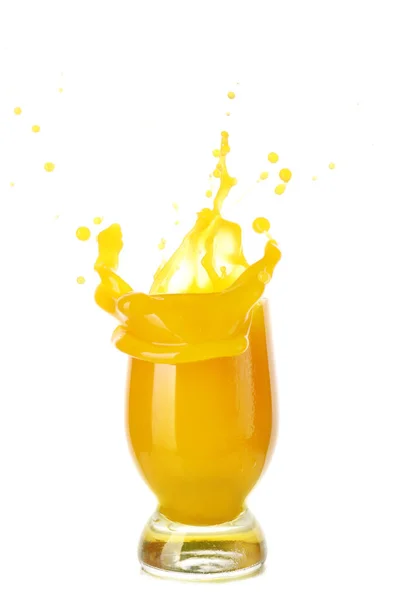 Glas Färsk Mango Juice Med Stänk Vit Bakgrund — Stockfoto