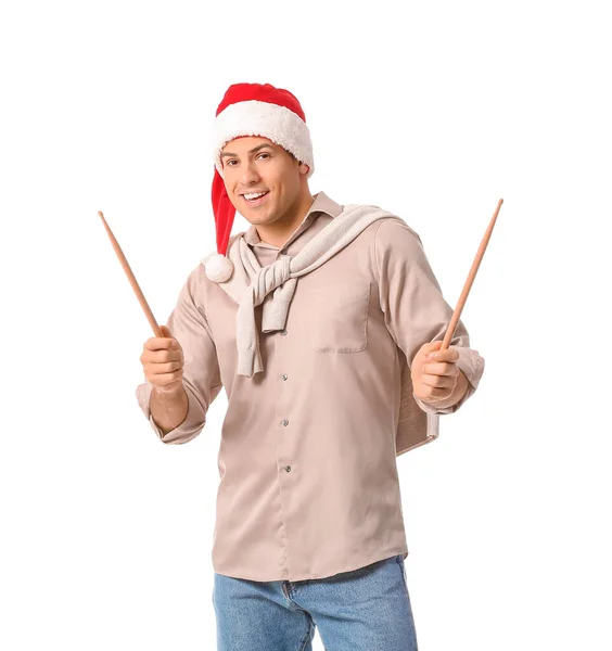 Jongeman Santa Hoed Met Drumsticks Witte Achtergrond — Stockfoto