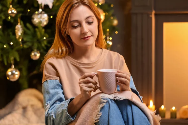 Woman Warm Clothes Cup Tea Fireplace Home Christmas Eve Concept — Stock Photo, Image