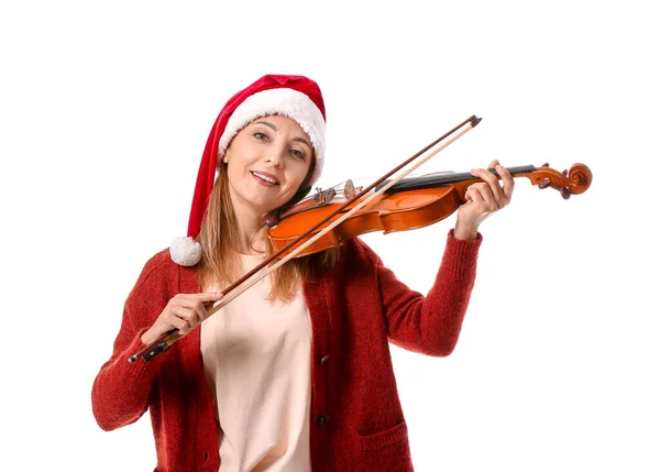 Mulher Madura Tocando Violino Fundo Branco — Fotografia de Stock