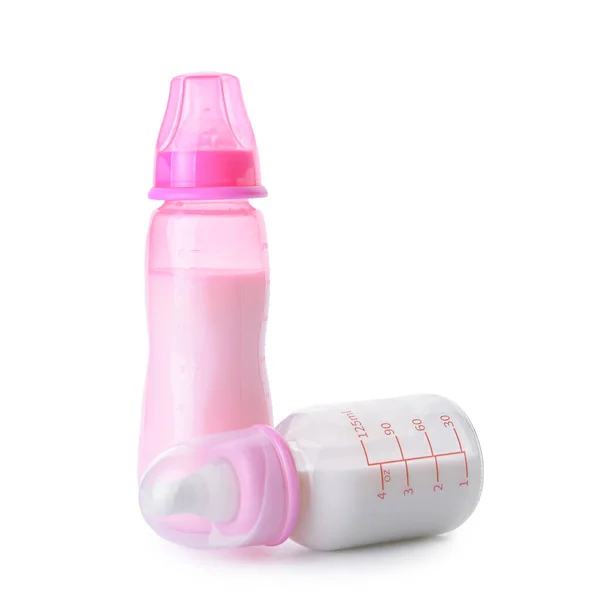Flessen Melk Voor Baby Witte Achtergrond — Stockfoto
