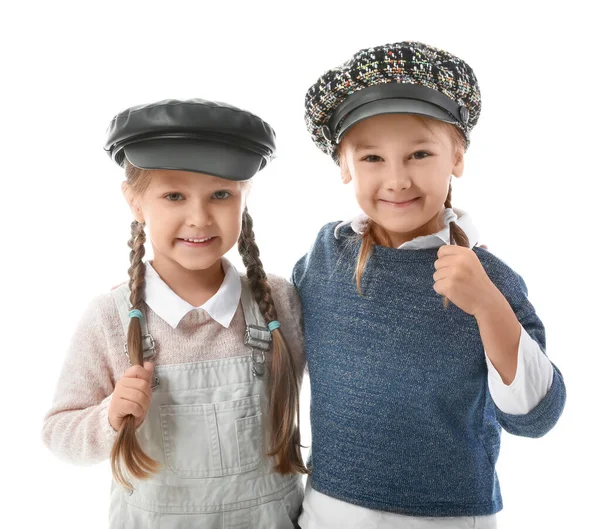 Portrait Stylish Little Girls White Background — Stock Photo, Image