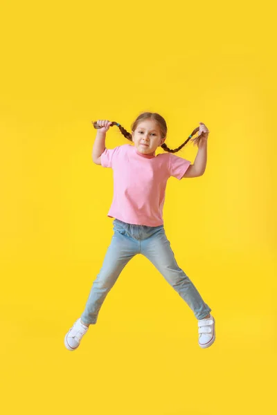 Jumping Little Girl Color Background — Stock Photo, Image