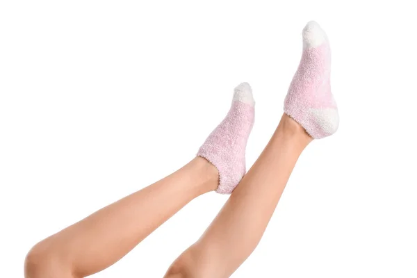 Beine Der Jungen Frau Socken Auf Weißem Hintergrund — Stockfoto