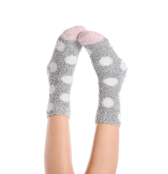 Beine Der Jungen Frau Socken Auf Weißem Hintergrund — Stockfoto