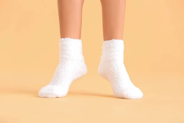 Legs Young Woman Socks Color Background — Stock Photo, Image