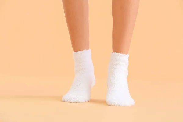 Legs Young Woman Socks Color Background — Stock Photo, Image