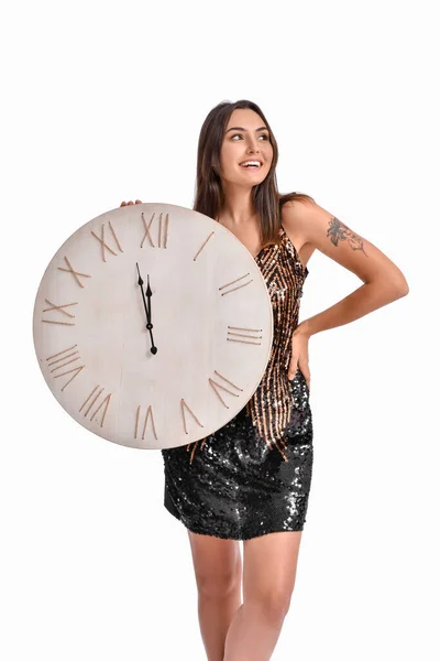 Beautiful Young Woman Clock Grey Background — Stock Photo, Image