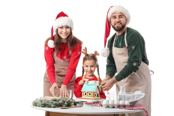 Happy Family Making Gingerbread House White Background Christmas Celebration — Stock Photo, Image