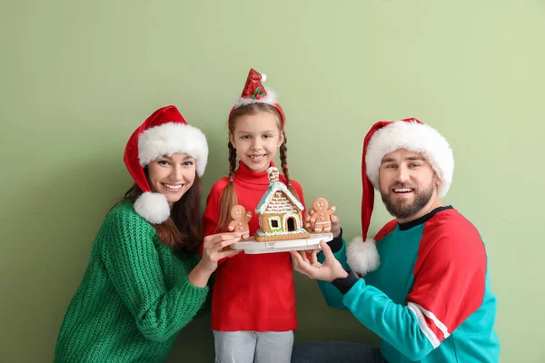 Happy Family Gingerbread House Color Background Christmas Celebration — Stock Photo, Image