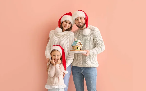 Happy Family Gingerbread House Color Background Christmas Celebration — Stock Photo, Image