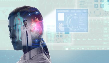 Sanal ekran kullanan kadın silueti, hasta kartı ve doktor. Tıpta yenilikçi teknolojiler