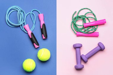 Renkli arka planda spor ekipmanları seti
