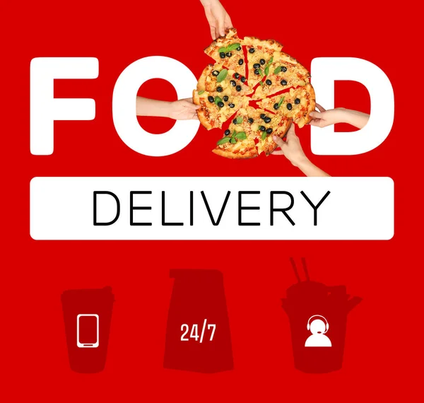Ellerin Pizza Dilimleri Metin Food Delivery Renk Arkaplan Üzerine Kolajı — Stok fotoğraf