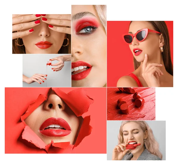 赤い化粧をした美しい若い女性のコラージュ — ストック写真