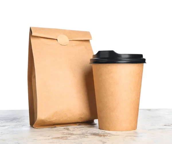 Bag Coffee Cup Table White Background — Stock Photo, Image