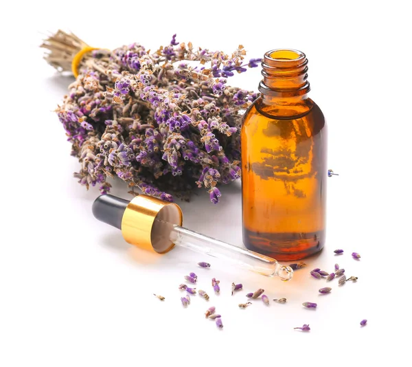 Bottle Lavender Essential Oil White Background — Stock Photo, Image